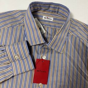 Kiton Striped Button Down Shirt Mens 17 43 Blue Tan Luxury Cotton NWT